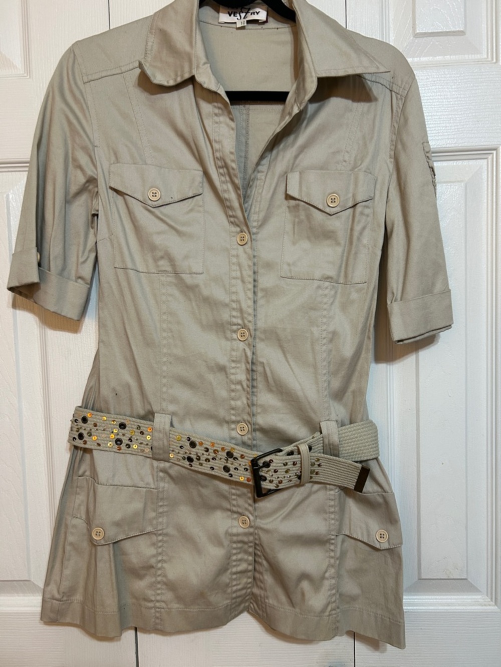 Utility Shirt Jacket with Studded Belt - Light Khaki by The Vestry.